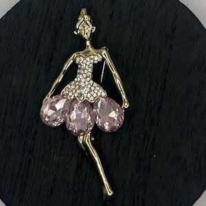 Gold Tone Ballerina Pin Rhinestone Crystal Skirt Brooch Dancing #308